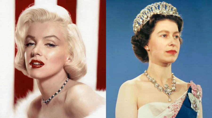 A blonde woman with wavy hair, red lipstick, and a jeweled necklace poses against red and white stripes beside another woman wearing a tiara, necklace, and formal attire against a blue background.