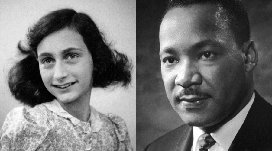 A black-and-white split image shows a young girl with wavy dark hair on the left, wearing a patterned dress, and an adult man in a suit and tie on the right, looking forward with a serious expression.