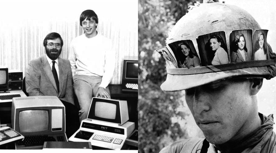 The image is split. On the left, two men pose with vintage computers. On the right, a soldier wearing a helmet decorated with women's photos looks down thoughtfully. Both images are in black and white.