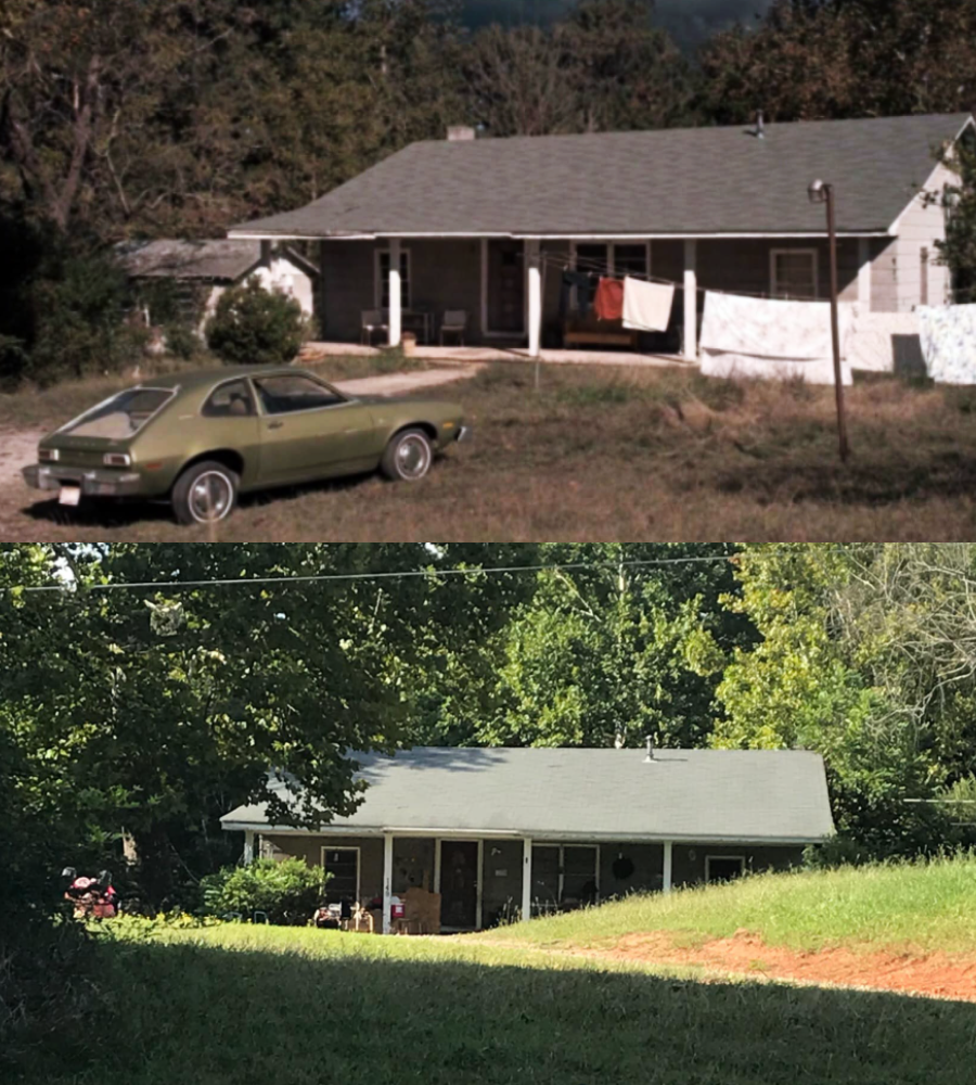 Two images show the same small house at different times. The top photo is older, with a vintage car parked outside and clothes drying on a line. The bottom photo is more recent, with a mowed lawn and trees in the background.