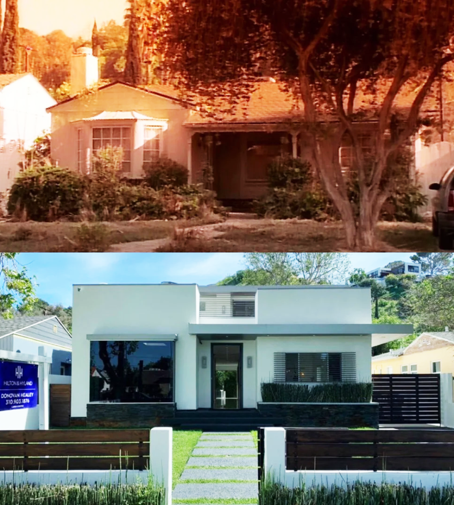 Two side-by-side photos show the same house at different times. The top image shows an older, traditional house with trees. The bottom image shows a modern, renovated version with clean lines and large windows.