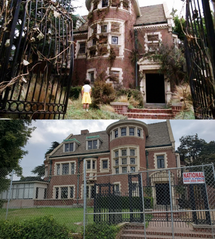 Two images of the same large, old brick mansion: the top shows an overgrown, eerie version with a girl in yellow at the gate; the bottom shows a cleaned-up building behind a chain-link fence with a security sign.
