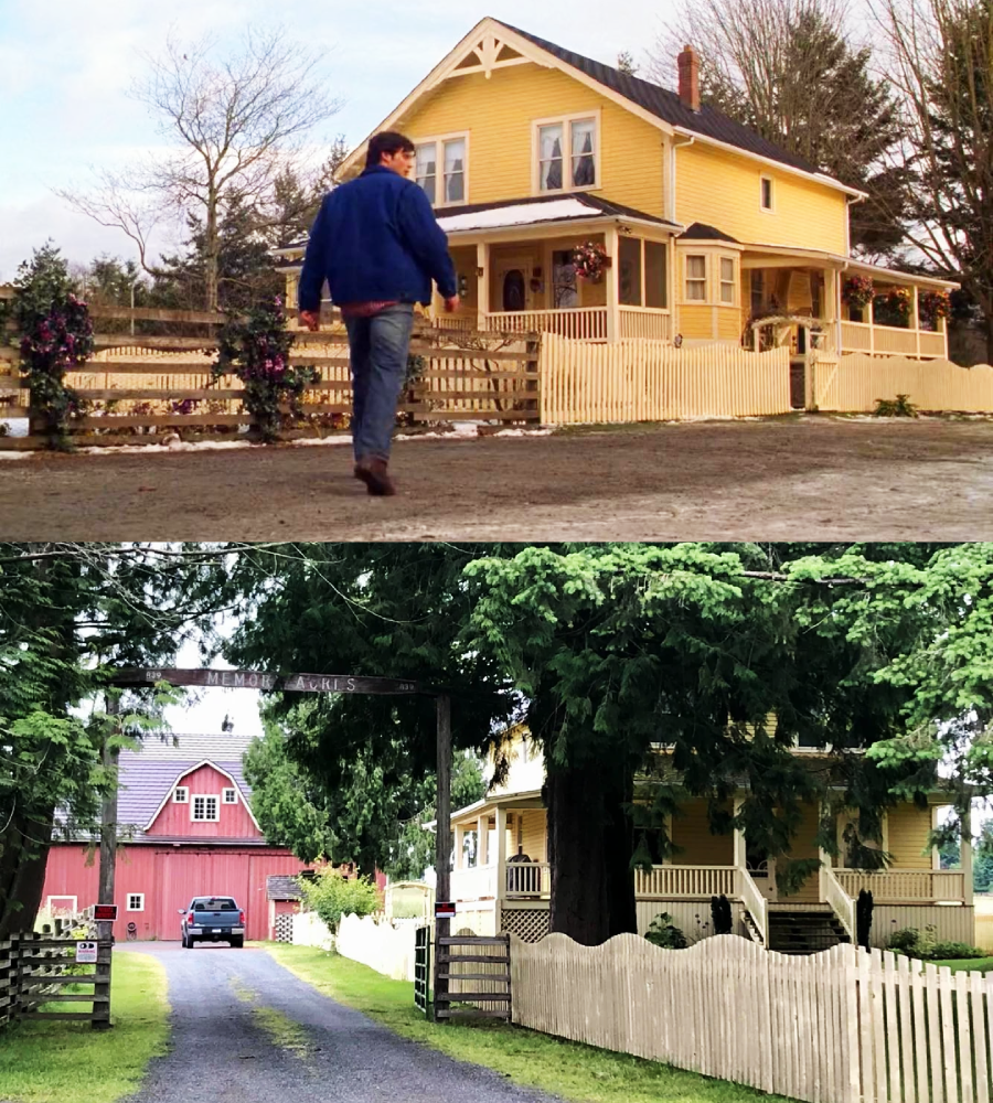 Split-image: Top, a man walks toward a yellow farmhouse with a white picket fence; bottom, the same yellow farmhouse and fence seen from the driveway, surrounded by trees and a red barn in the background.