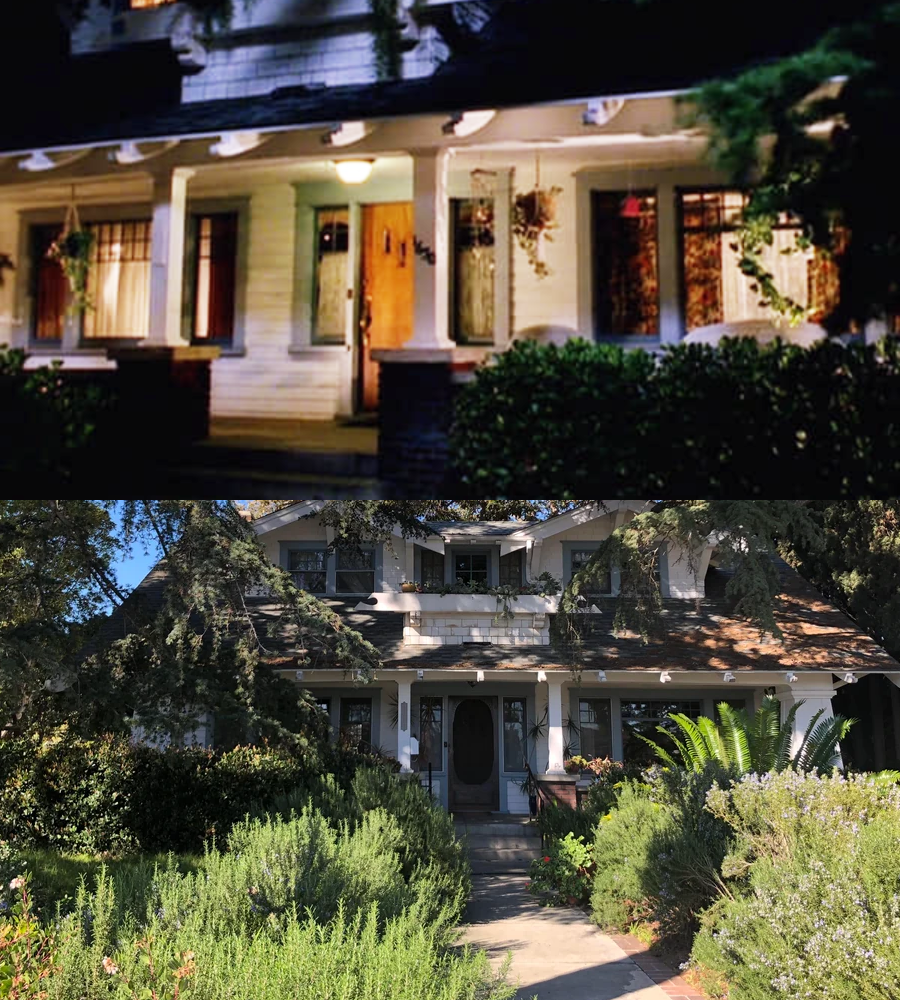 Two photos of the same house: the top image shows it at night with lights on, the bottom shows it during the day, surrounded by lush greenery and bushes, with visible white columns and a covered porch.