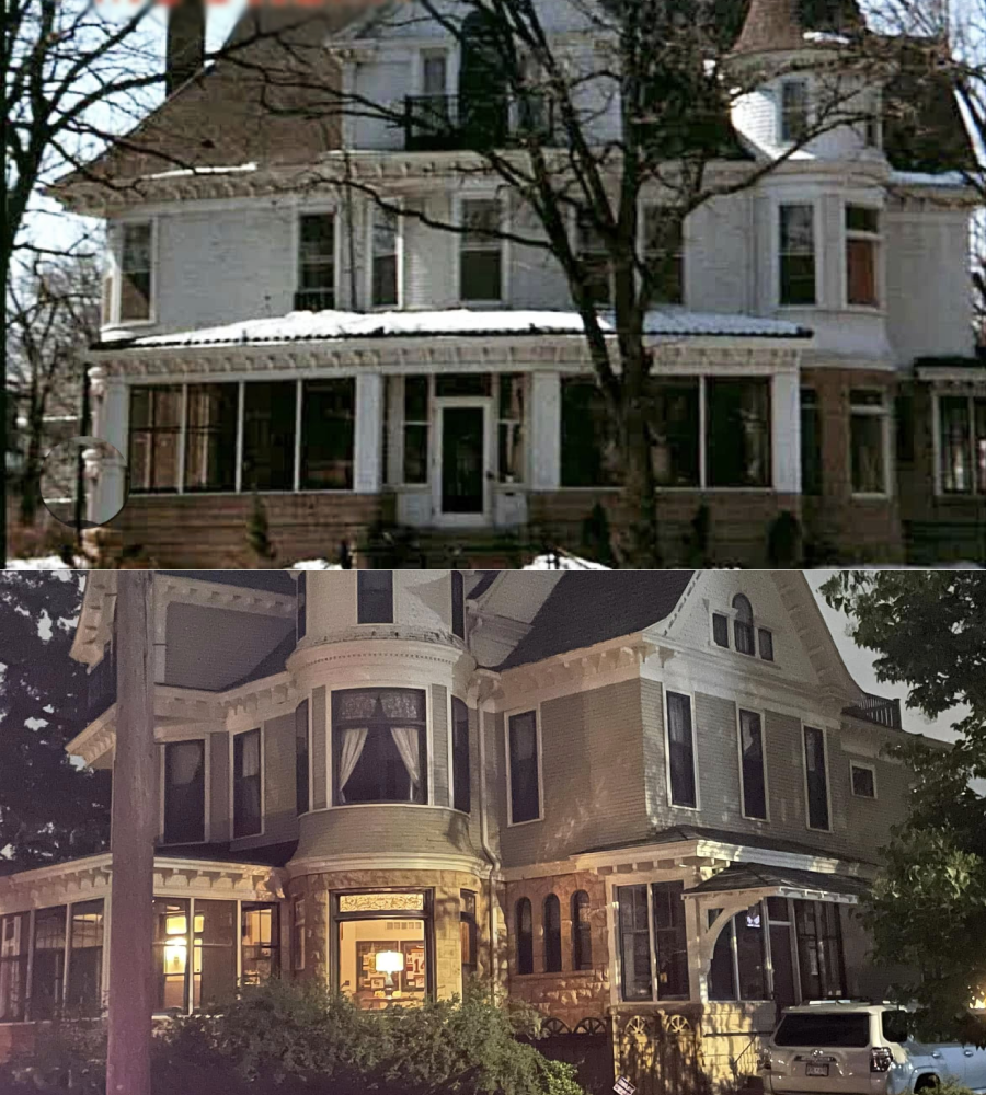 Two photos of the same large Victorian-style house: the top image shows it in daylight in winter with bare trees; the bottom image shows it at night, warmly lit, with a car parked outside and leafy trees.