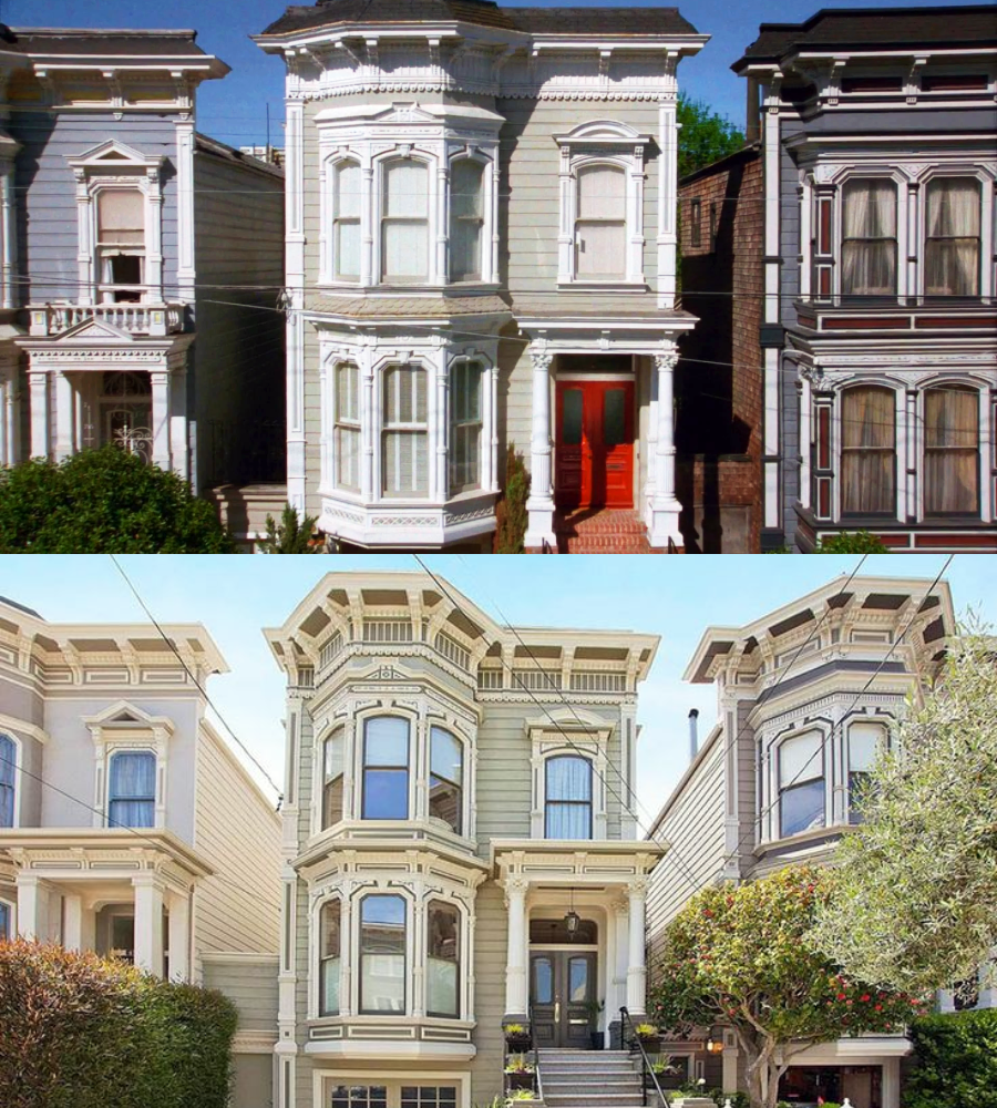 Two images of classic Victorian-style houses. The top house is light gray with white trim and a red door. The bottom house is beige with white trim and has an arched entrance with stairs and greenery.