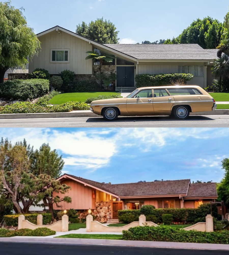 Two photos of similar suburban houses with sloped roofs and landscaped yards. The top image features a beige house with a vintage tan station wagon parked in front; the bottom shows a house with a reddish-brown exterior at dusk.