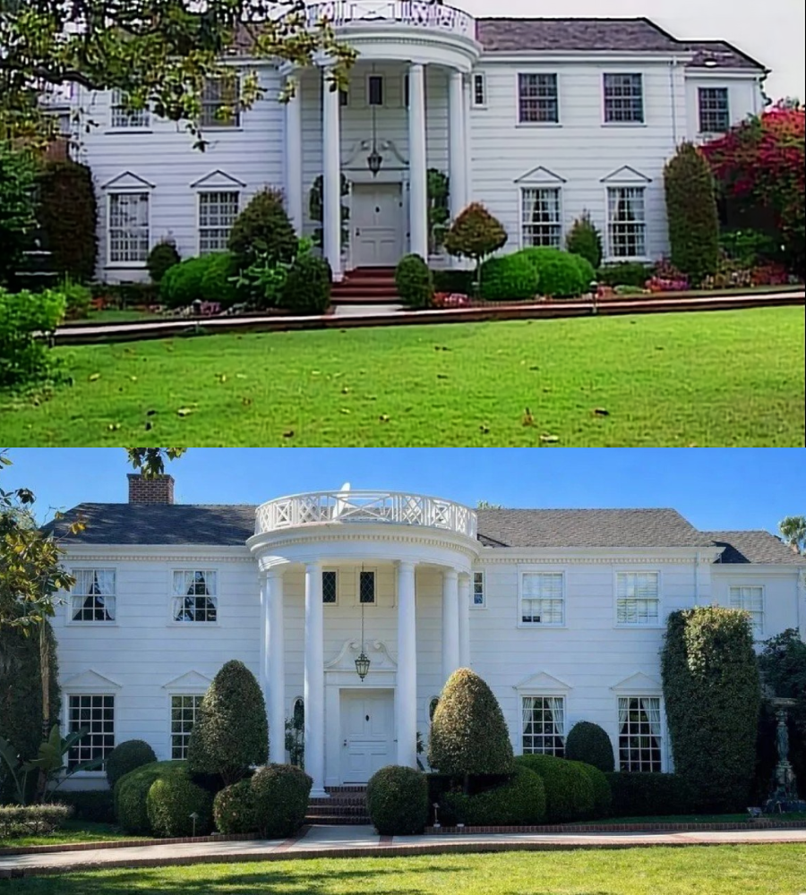 Side-by-side photos of a large white colonial-style house with columns and a circular balcony, surrounded by manicured shrubs and a green lawn, taken at different times, showing slight changes in landscaping.