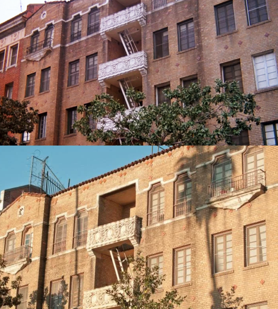 Two images of the same brick apartment building with white balconies and decorative iron railings, seen from slightly different angles. Trees partially obscure the lower part of the building.
