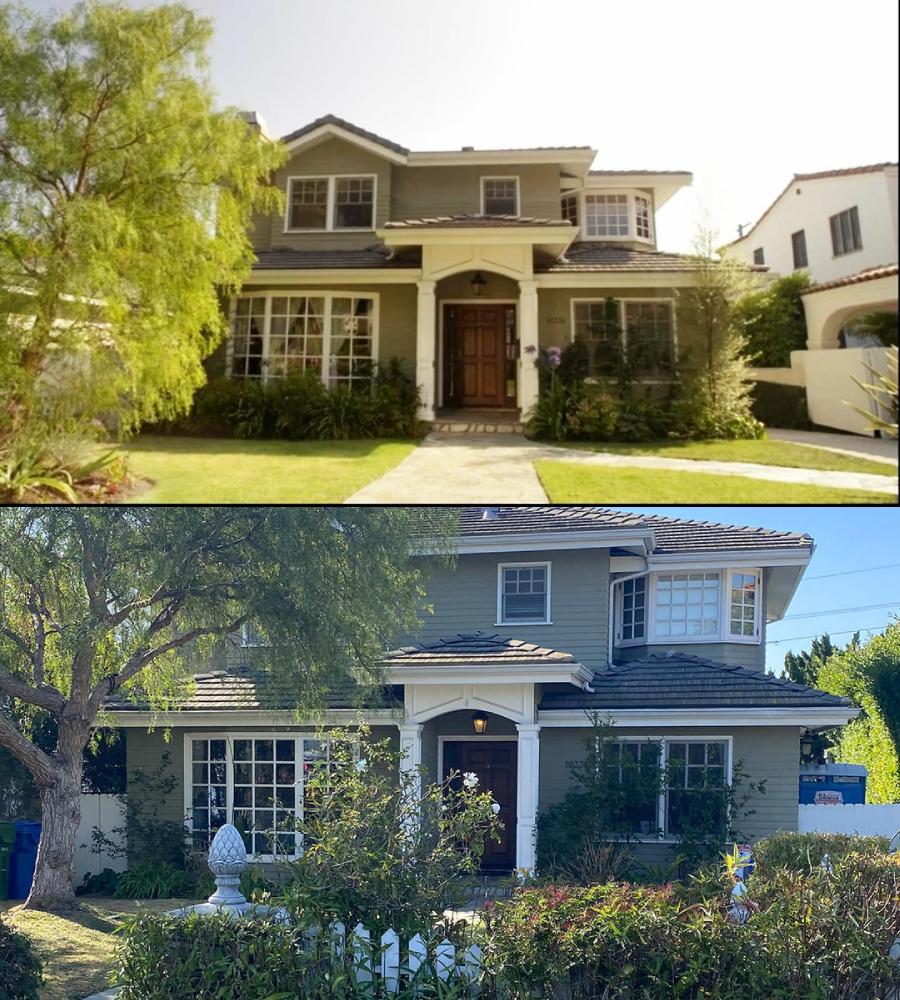 Two images of the same two-story house: the top photo shows a clear view with a manicured lawn and light landscaping, while the bottom photo shows the house partially obscured by overgrown bushes and trees.