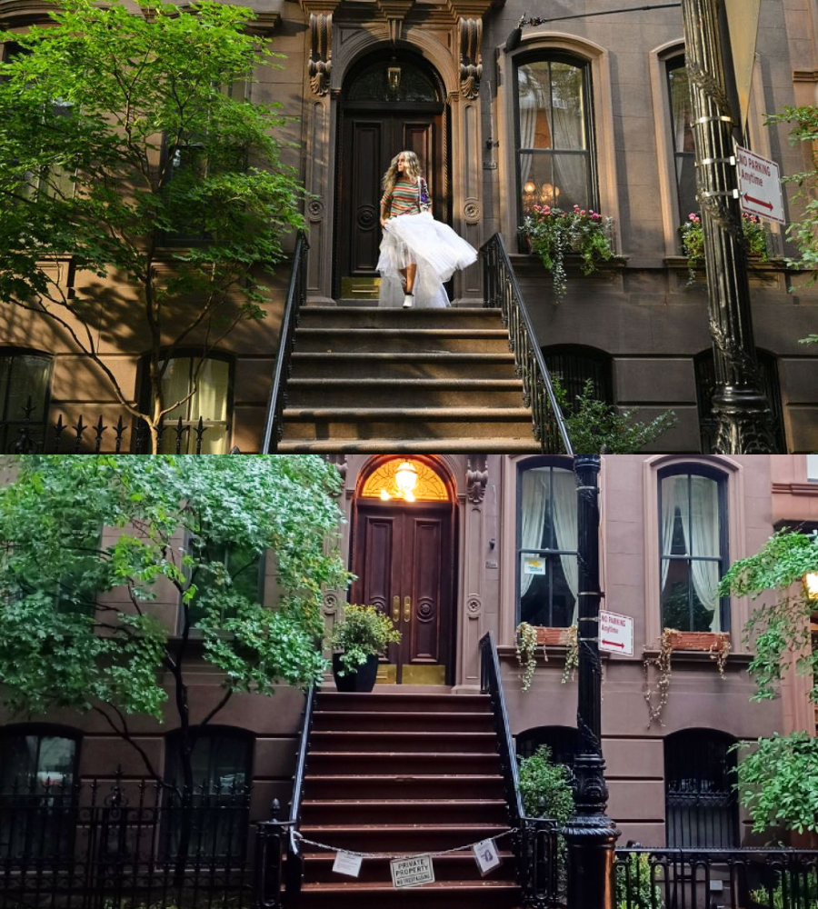 A woman in a white dress stands on brownstone steps in the top image; in the bottom image, the same steps are empty, surrounded by trees and a “No Parking” sign. Both images show the same building entrance.