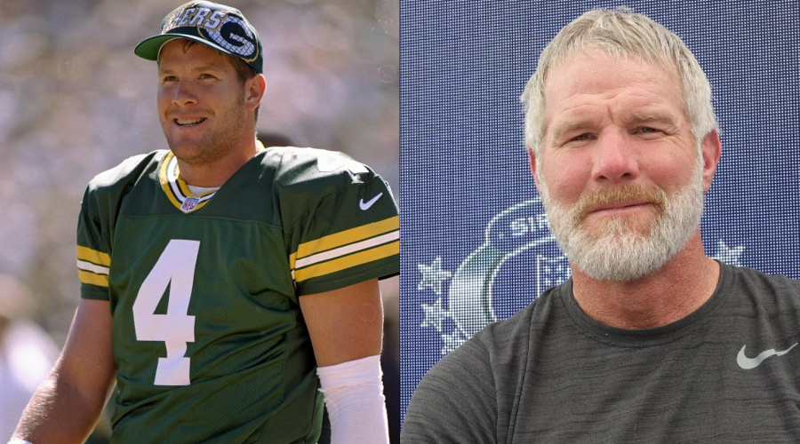 Side-by-side photos of a man: left, he wears a Green Bay Packers football uniform outdoors; right, he has gray hair and a beard, wearing a dark shirt, standing in front of a blue background.