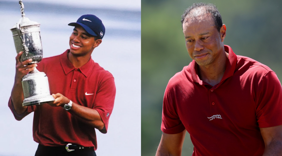 Side-by-side images of a golfer in a red shirt: on the left, young and holding a trophy, smiling; on the right, older, looking down with a neutral expression, not holding a trophy.