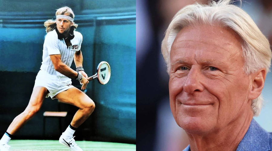 Side-by-side images: on the left, a young male tennis player in action on the court; on the right, an older man with white hair smiling at the camera.