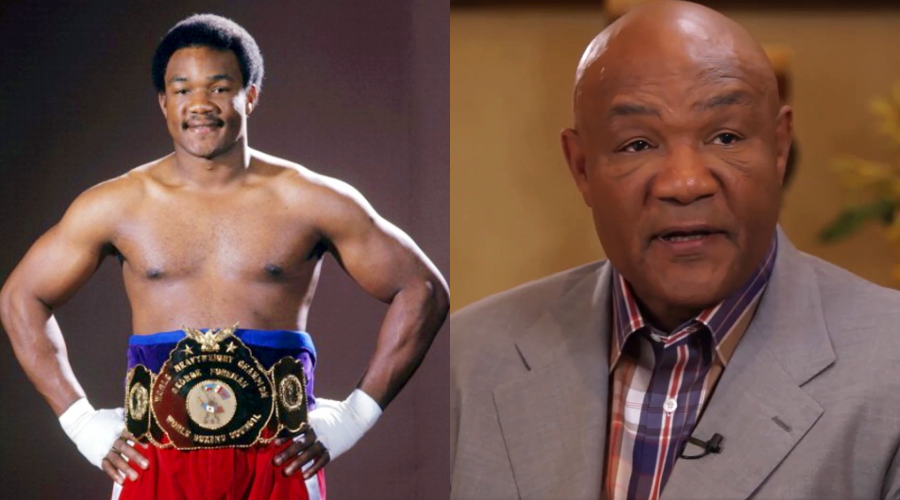 Side-by-side images: On the left, a man in boxing gear with a championship belt, standing confidently. On the right, the same man older, wearing a suit and speaking in an interview setting.