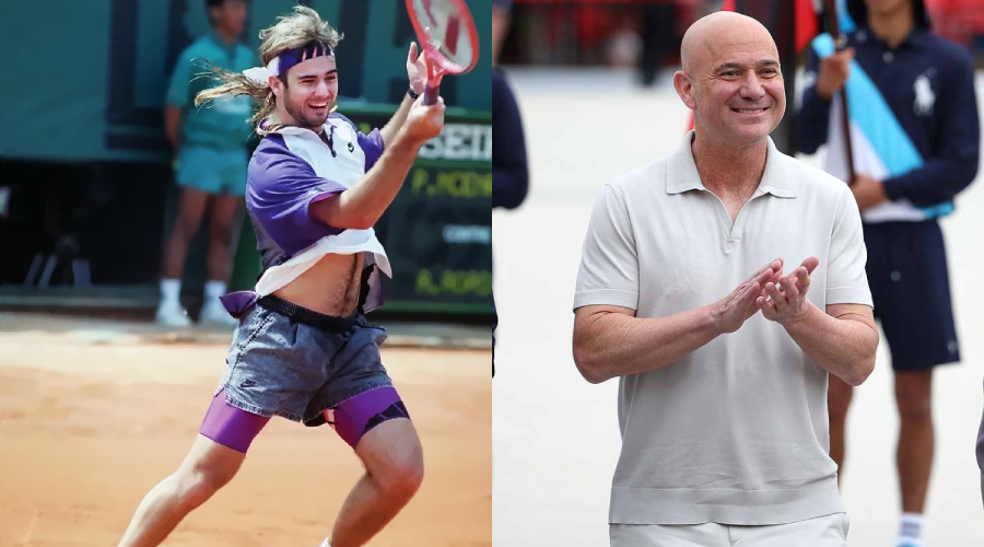 A side-by-side image of the same tennis player: on the left, young and energetic in action on court with long hair and a headband; on the right, older, bald, and smiling in casual white clothes.