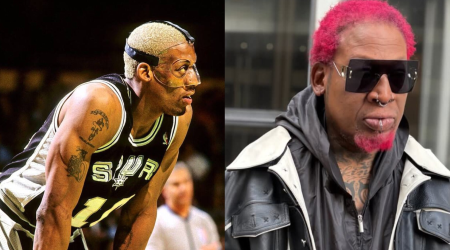 A split image shows, on the left, a basketball player in a black Spurs jersey with blond hair and protective goggles; on the right, the same person older with pink hair, sunglasses, and a leather jacket.