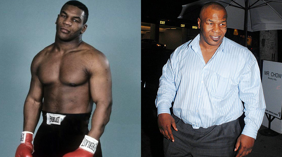 Side-by-side photos of a man: on the left, he is young, shirtless, wearing red boxing gloves; on the right, he is older, wearing a light blue dress shirt and dark pants, walking outside at night.