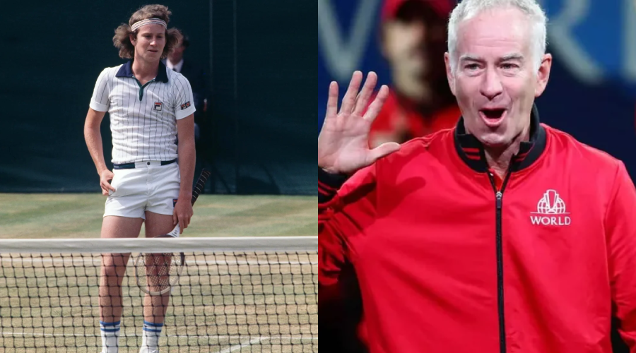 A split image shows a young male tennis player in vintage tennis attire on a grass court on the left, and an older man with gray hair in a red jacket waving and smiling on the right.