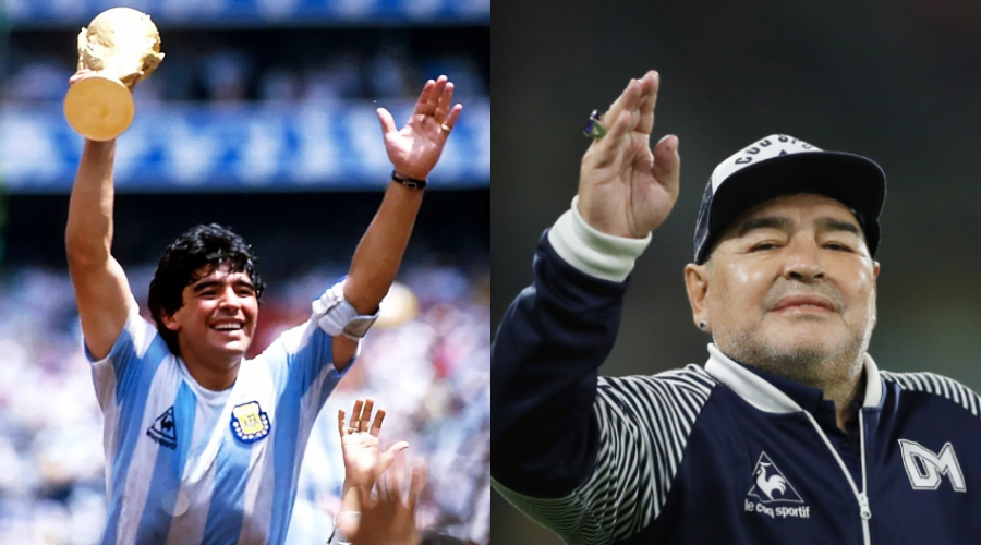 Side-by-side images: Left, a young Diego Maradona in an Argentina jersey holding the World Cup trophy and waving; right, an older Maradona in a tracksuit and cap, raising his hand in greeting.