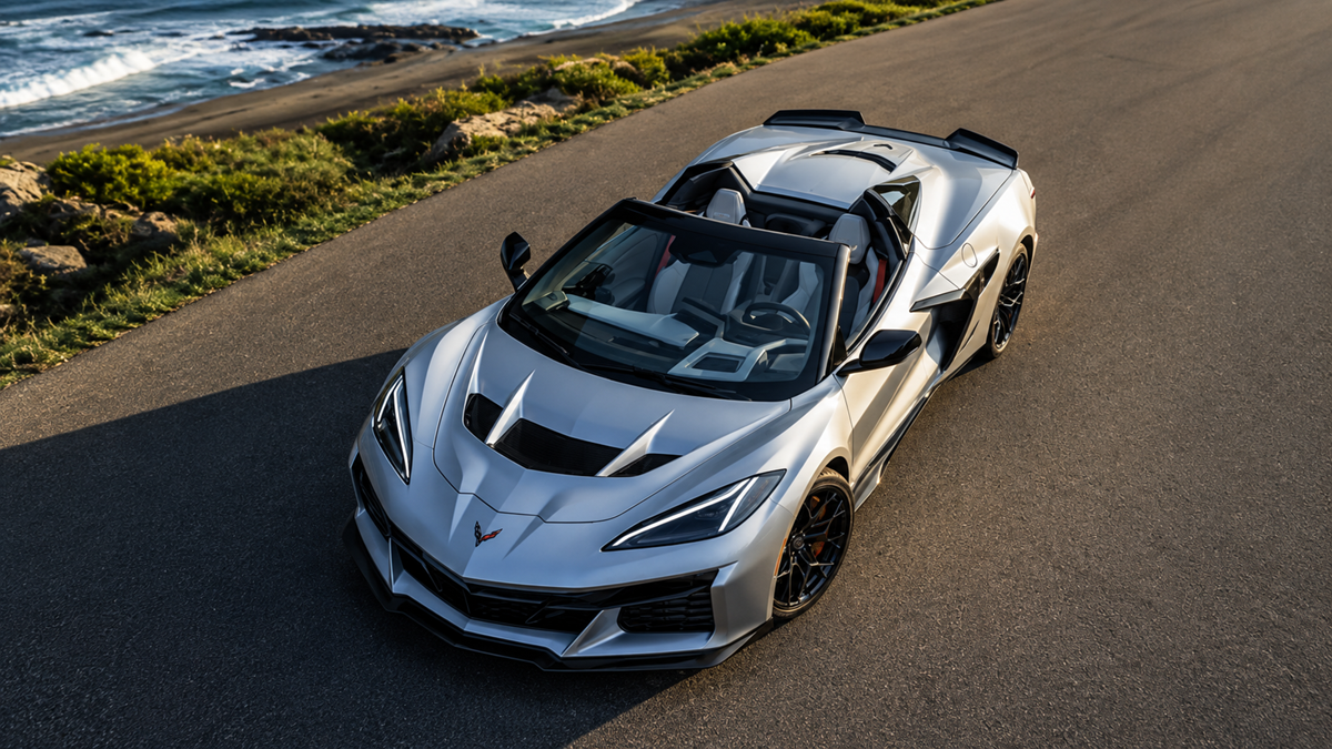A silver convertible sports car with a black interior is parked on a coastal road, with the ocean and rocky shore visible in the background under clear skies.