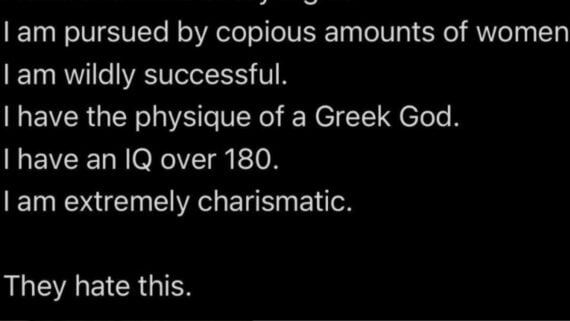 White text on a black background lists exaggerated self-descriptions: pursued by women, successful, physique of a Greek god, IQ over 180, extremely charismatic, ending with “They hate this.”