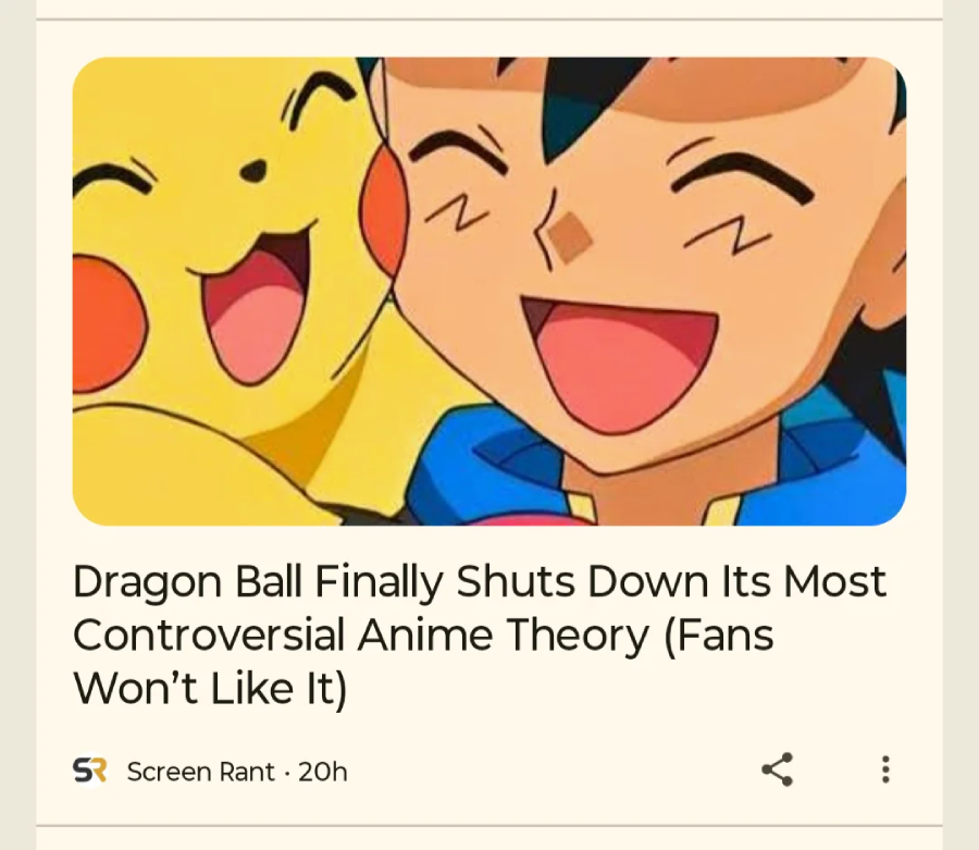 A close-up of Pikachu and Ash from Pokémon smiling widely is shown above a headline about Dragon Ball addressing a controversial anime theory. The source is Screen Rant.