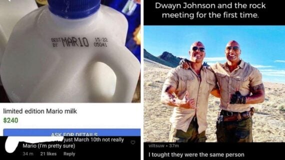 A meme with two images: the left shows a milk bottle labeled "Mario milk" priced at $240; the right shows two muscular men dressed like Dwayne Johnson and "The Rock" posing together, with text joking they thought they were the same person.