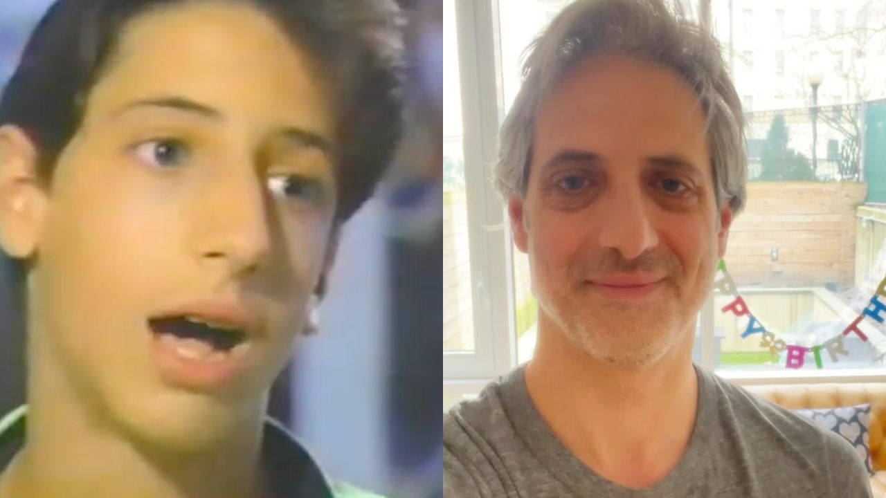 Split image: On the left, a teenage boy with dark hair speaking; on the right, an older man with gray hair and a short beard smiling indoors, with a “Happy Birthday” banner in the background.