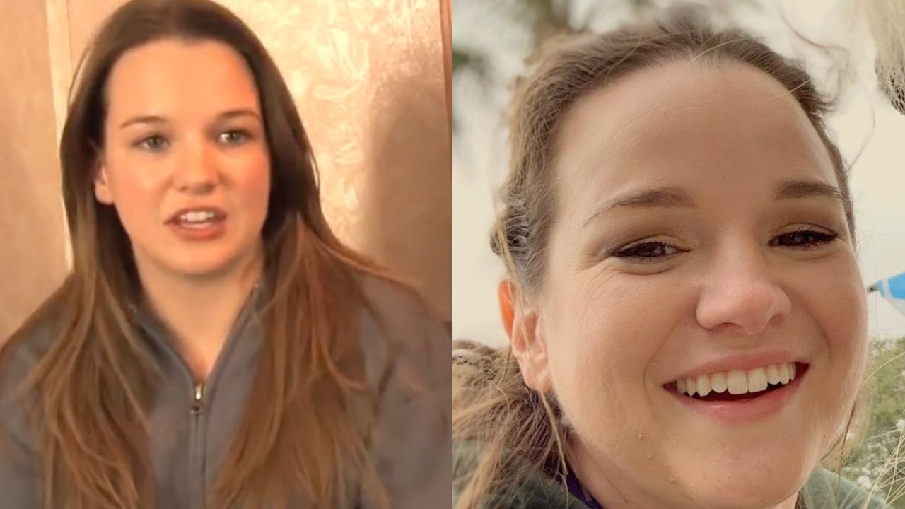 Side-by-side images of a young woman with long brown hair; on the left, she is indoors wearing a jacket, and on the right, she is outdoors smiling at the camera.