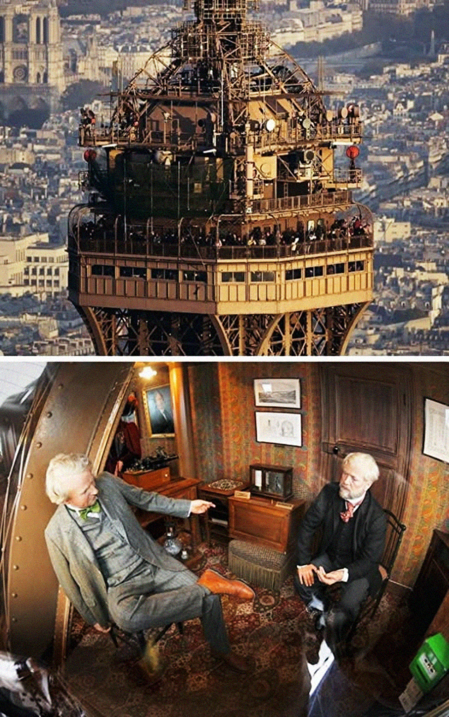 Top: Close-up of the Eiffel Tower’s upper viewing platform filled with people. Bottom: Two realistic wax figures of men in period clothing sit and talk in a vintage-style room with wooden furniture and patterned wallpaper.