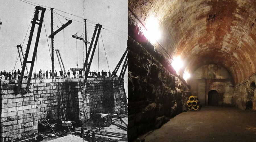 Split image: Left side shows workers constructing a large stone structure with cranes and scaffolding; right side shows an arched, dimly lit brick and stone underground tunnel with yellow barrels stacked in the back.