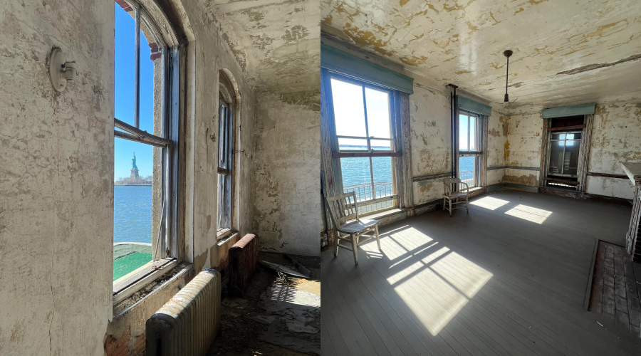 A split image shows a sunlit, decaying room with peeling paint and broken furniture. One side frames the Statue of Liberty visible through a window overlooking water; the other side shows a wider view of the empty, worn room.