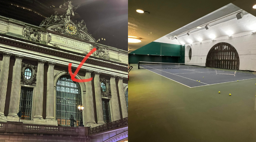 A split image: left side shows Grand Central Terminal’s facade with a red arrow pointing at a window; right side shows an indoor tennis court with green walls and tennis balls scattered on the floor.