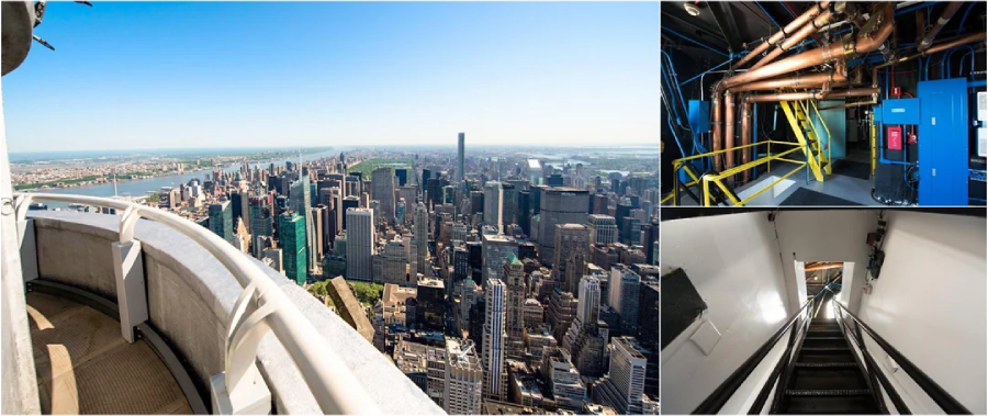 A panoramic view of Manhattan from a skyscraper’s outdoor observation deck is shown on the left; on the right are interior shots of mechanical equipment and a steep utility staircase inside the building.