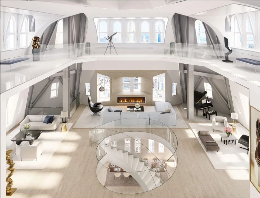 Spacious modern loft with two levels, featuring large windows, a spiral staircase, stylish seating areas, a fireplace, a piano, and contemporary art sculptures, all in a bright, airy setting with light wood floors.