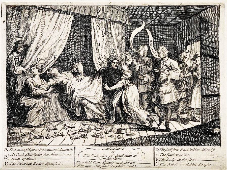 A dramatic scene shows a man in black trying to pull a frightened woman from a bed as people react in shock; rats and cats fill the floor, and letters label each character and object in the chaotic room.