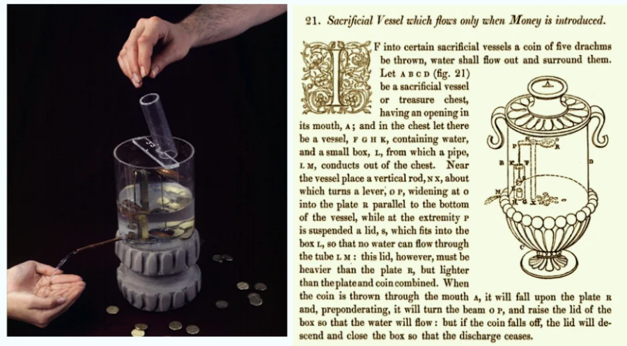 A person pours coins into a glass vessel on the left; on the right is a vintage illustration and text explaining an ancient device that releases water only when money is added.