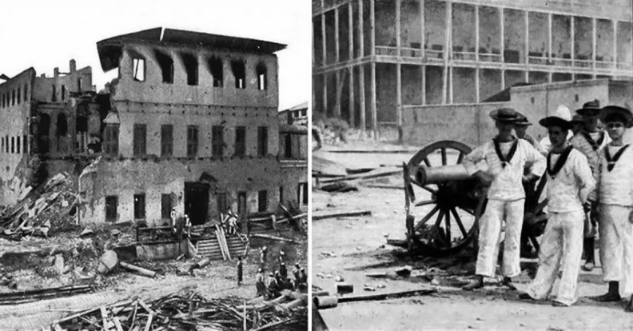 A damaged building stands amid debris on the left, while on the right, four sailors in uniform pose beside a cannon in front of another large structure. Both images appear to be historical and depict scenes of destruction.