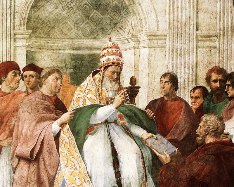 A pope in ornate robes and a tall, decorated hat gives a book to a bearded man kneeling before him, surrounded by several men in red and brown robes in an ornate architectural setting.