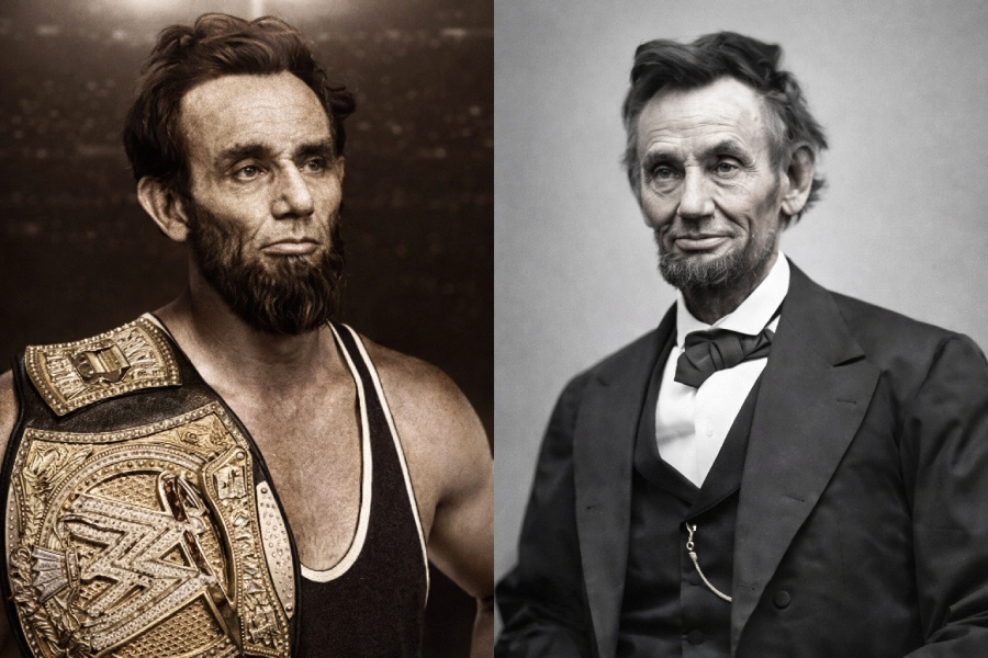 Side-by-side images: left, a man dressed as a wrestler with a championship belt, resembling Abraham Lincoln; right, a classic portrait of Abraham Lincoln in a suit.