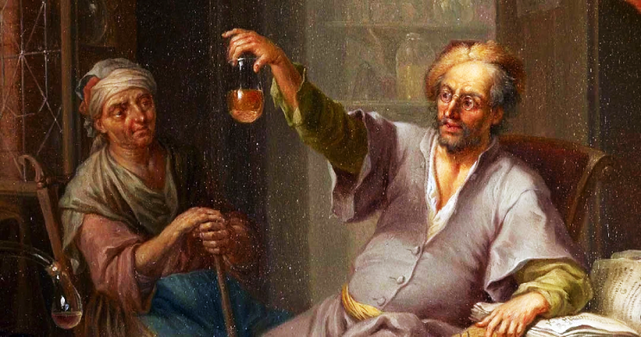 A man in old-fashioned clothes holds up a glass flask to examine its contents while a seated woman watches him intently; the scene appears set in a historical, cluttered workshop or study.