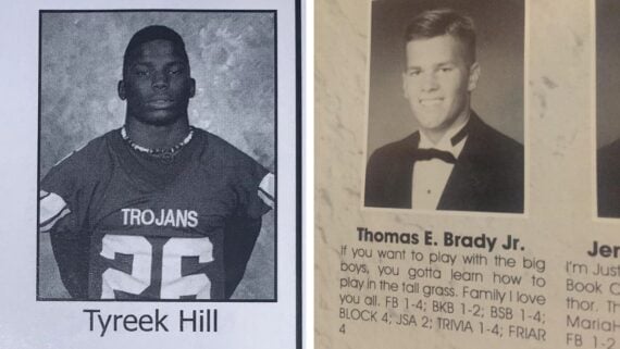A black-and-white photo collage of two high school yearbook portraits: on the left, Tyreek Hill in a football jersey, and on the right, Tom Brady in a tuxedo with a yearbook caption below his photo.