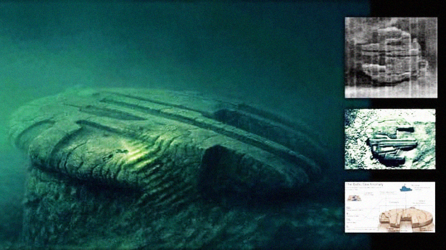 Underwater photo of a large, circular, stone-like structure with grooves, partly buried in sand. Three smaller inset images on the right show close-ups, diagrams, and different views of the structure.