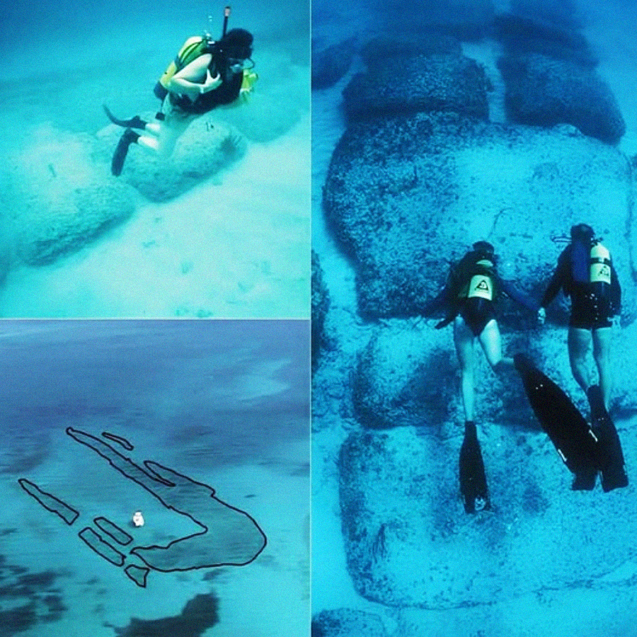 Three images show scuba divers exploring large, geometric stone formations underwater, with one image depicting an aerial view outlining the shape of the site on the ocean floor.
