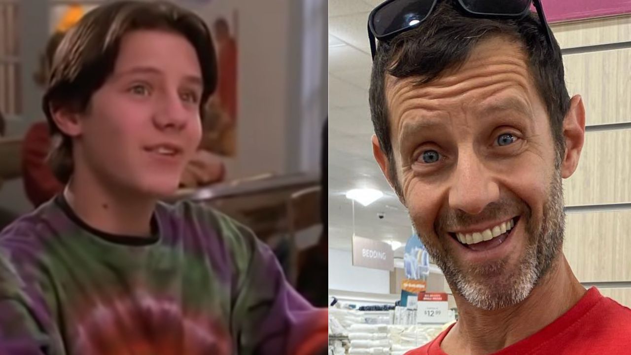 A split image shows a young person in a tie-dye shirt on the left and an older man smiling in a store on the right.