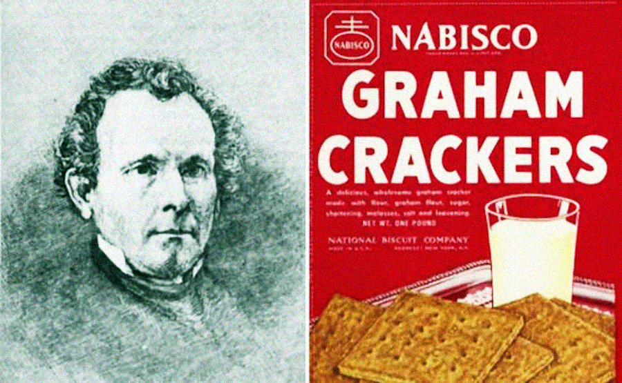 A black-and-white portrait of a man is on the left. On the right, there is a Nabisco Graham Crackers box, a glass of milk, and several graham crackers in front of the red box.