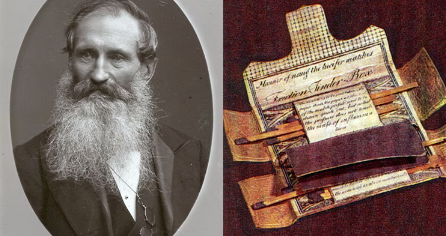 A split image: on the left, a sepia portrait of a bearded man in a suit; on the right, an old medical kit displaying surgical tools and a handwritten document.