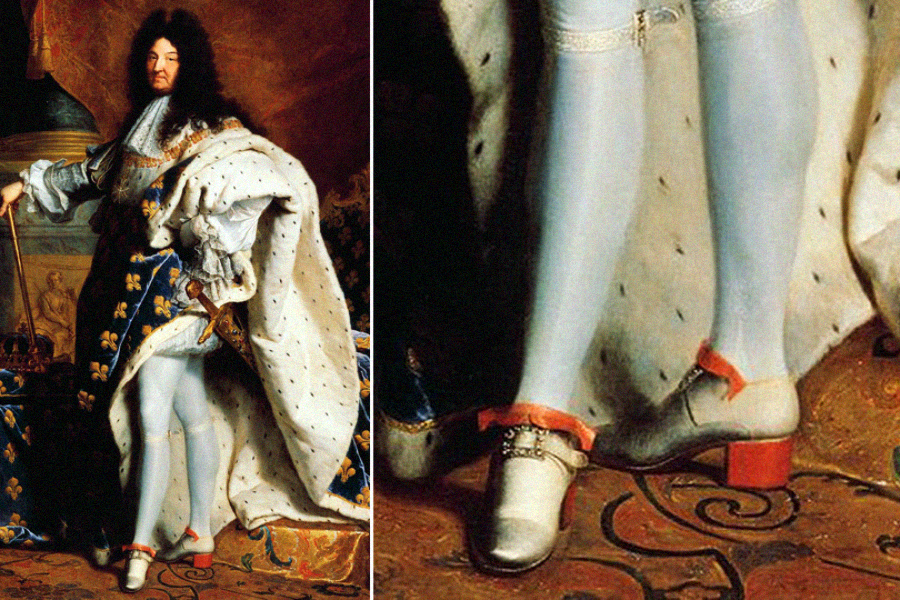 A historical painting shows a man in an elaborate blue and gold robe, white stockings, and cream shoes with red heels; a close-up highlights his crossed legs and the bright red heels of his shoes.