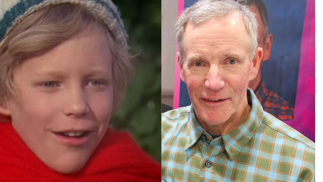 A split image shows a young boy in a winter hat and red scarf on the left, and an older man in a plaid shirt standing in front of a colorful background on the right.